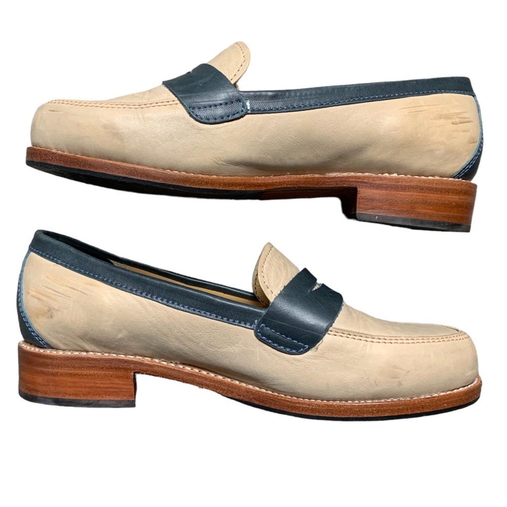 Adelante Luca Penny Loafers Leather Teal Cream Tan Shoes 6D